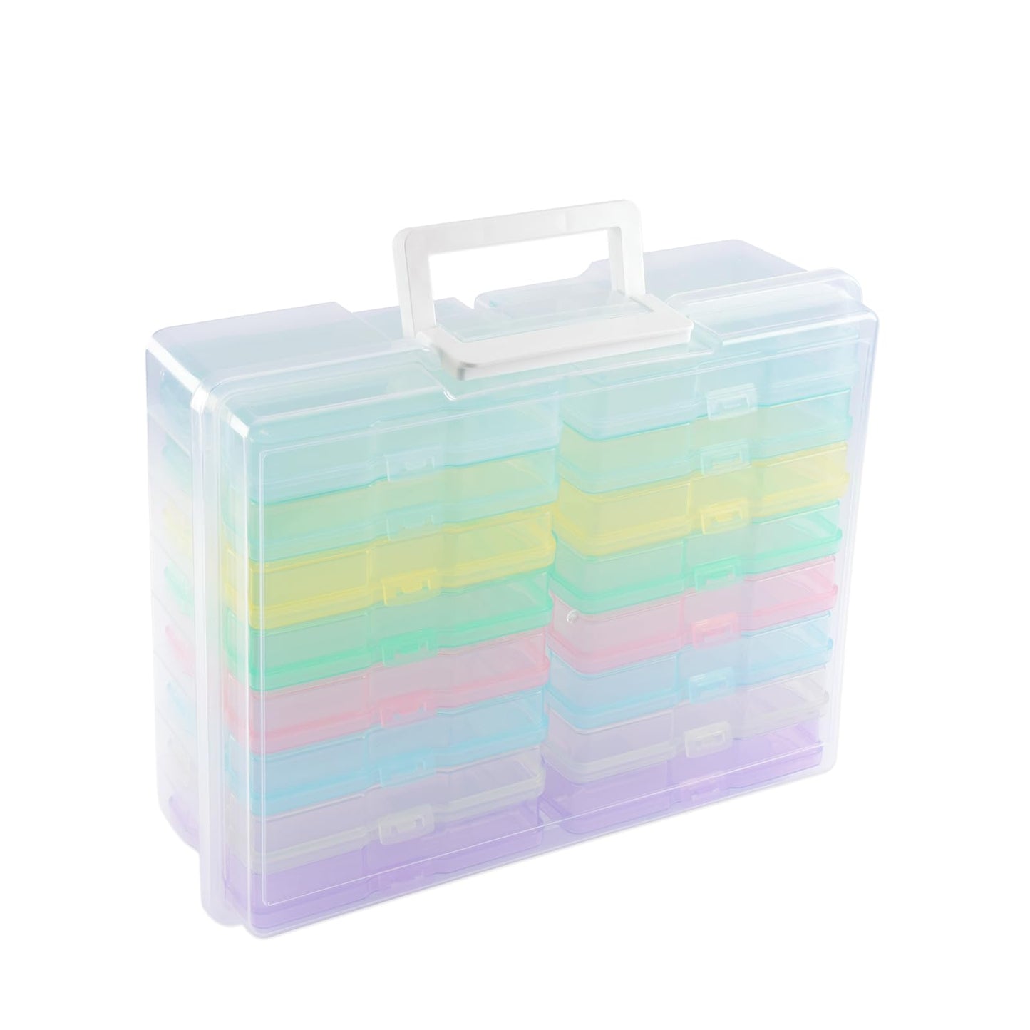 Vaessen Creative Plastic Storage Box with Lid 37,5 x 30 x 13 cm - 16 Cases of 17 x 12 x 3 cm in 8 Colours - Clear Organiser for Sewing, Diamond Art