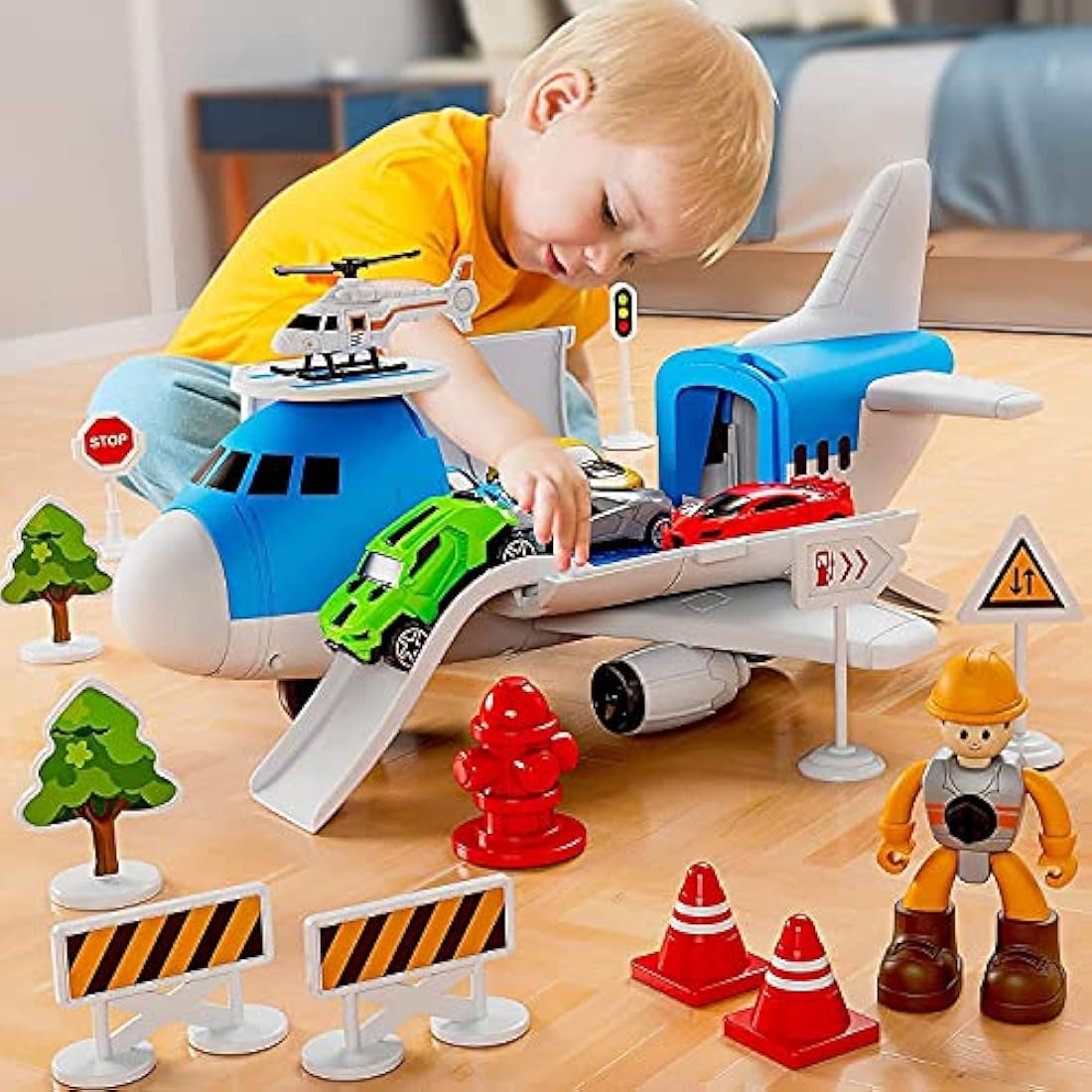 Toy for 3 Year Old Boys,Toy Cars set,Transport Cargo Airplane with 5 Mini Cars, 1 Helicopter,1 Engineer,11 Traffic Signs,Gifts for Kids Boys Girls Age 3 4 5