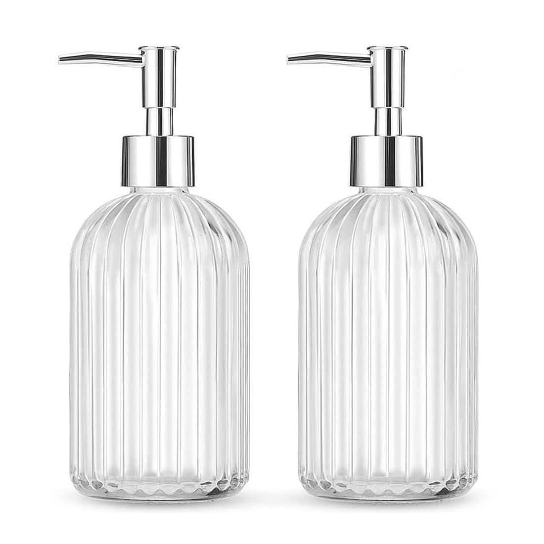 2 Pack Glass Soap Dispenser Bottle with Pump,14 Oz Clear Glass Jar Soap Liquid Hand Soap Dispenser, Refillable Liquid Hand Jar Dispenser for Bathroom