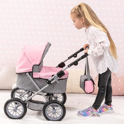 Bayer Design 13008AA Dolls Pram Trendy, stroller, foldable, height-adjustable handle, bag, grey-pink with fairy