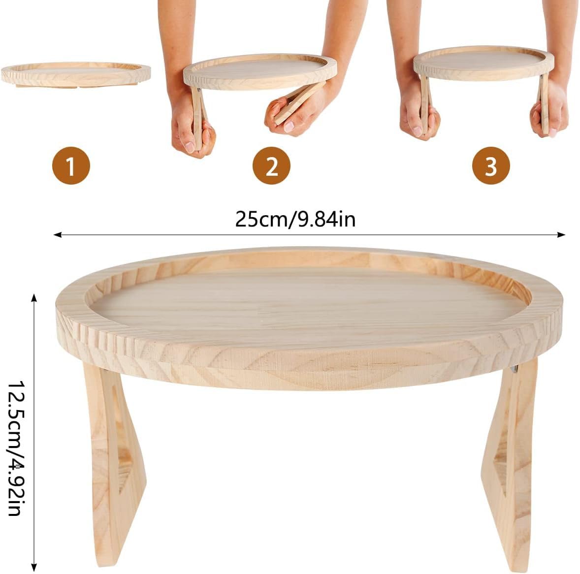 Uwenkjie Natural Pine Sofa Armrest Tray, 25cm Circular Wood Foldable Side Table with Clip, Portable Waterproof Arm Tray for Remote Control, Drink