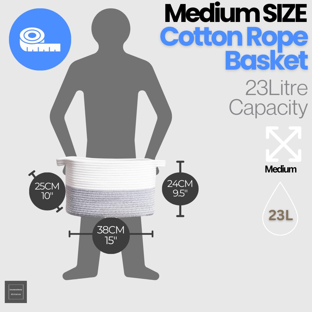 Bermondsey Division Cotton Rope Storage Basket with Handles 23L – Decorative Woven Organiser for Living Room, Bedroom, Bathroom & Nursery