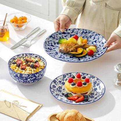 vancasso Selene Dinner Sets for 6 People, 18 Pieces Vintage Blue Porcelain Plates and Bowls Set Kitchen Crockery Set Dinnerware Sets, Mircowave and Dishwasher Safe Dishes Set