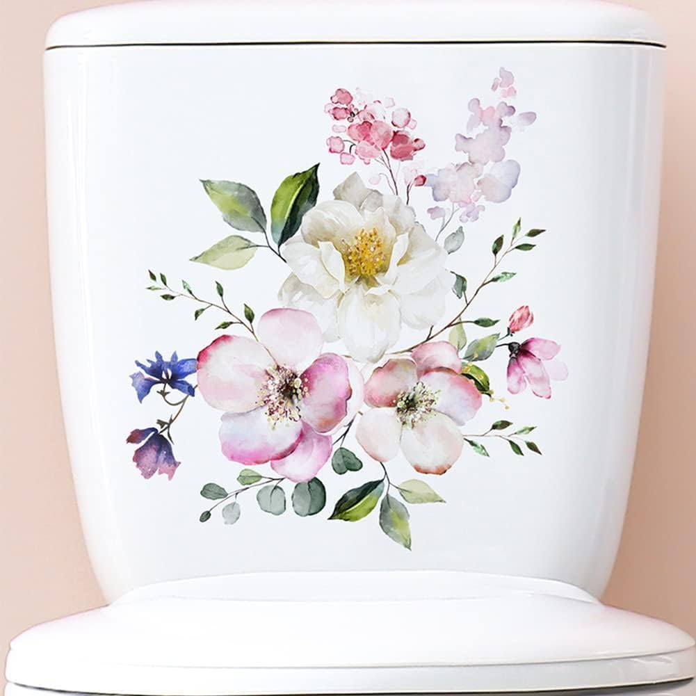 Flowers Toilet Seat Lid Stickers, Toilet Lid Cover Decals Self-Adhesive Removable Bathroom Wall Sticker Flower Pattern for Restroom WC Decorations