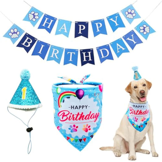 BIPY Blue Dog 1st Birthday Hat Bandana Banner for Boys Small Medium Dogs Cats Soft Bibs Doggy Party Grooming Supplies Celebration Birthday Bandana Set Costumes Headwear