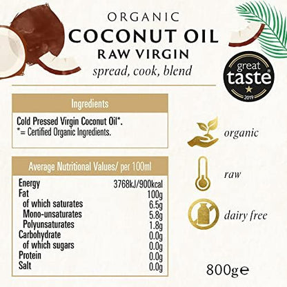 Biona Organic Raw Virgin Coconut Oil 800g - Great Taste Award 2024 Winner - Versatile Cooking Ingredient & Natural Beauty Product