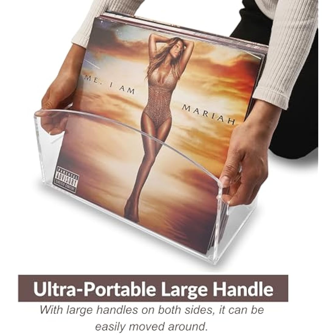 Meicloud Acrylic Vinyl Record Holder - Modern Vinyl Record Storage Box, LP Record Display Stand, Clear Lucite Record Case with Handles, Holds Up to 30-45 Records