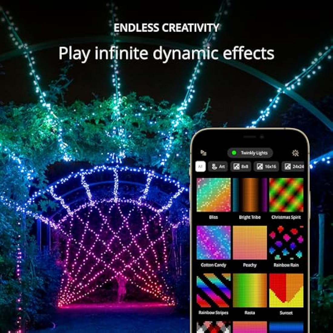 Twinkly Strings 600 LED RGB, LED Light String for in- and Outdoor, Christmas Lights, Smart LED Lights, Mappable LEDs, Compatible with Alexa and Google Home, IP44, Controlled by App, Black Wire, 48m
