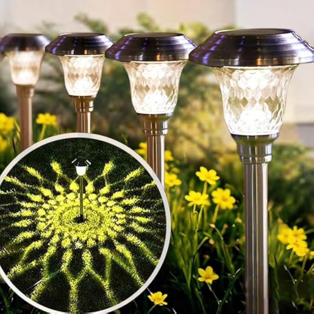 BEAU JARDIN 8 Pack Metal Garden Solar Lights Outdoor Waterproof 900mAh LED Solar Stake Lights Weatherproof Glass Lens Stainless Steel Pathway Lighting Sun Powered Landscape Lawn [Energy Class A]