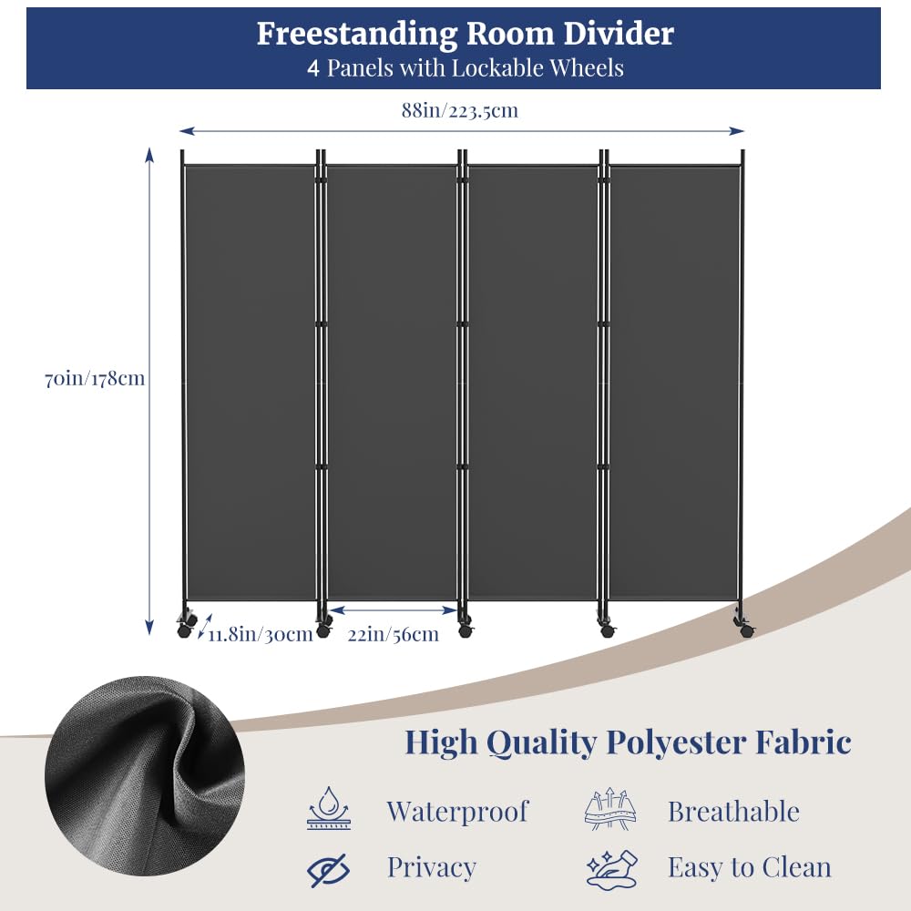Kokorona 4 Panel Room Divider, 6FT Tall Rolling Privacy Screen with Lockable Wheels, Folding Wall Dividers Portable Room Divider for Room Separation