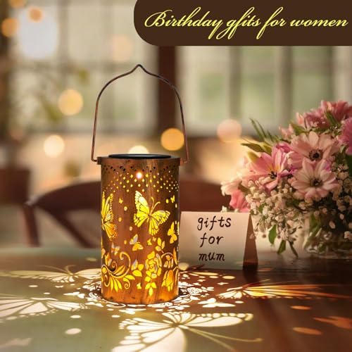 2 Pack Butterfly Solar Lanterns Outdoor Hanging Lantern Lights, Butterfly Hollowed-Out Metal Decor Lantern, Butterfly Garden Decoration for Patio, Yard