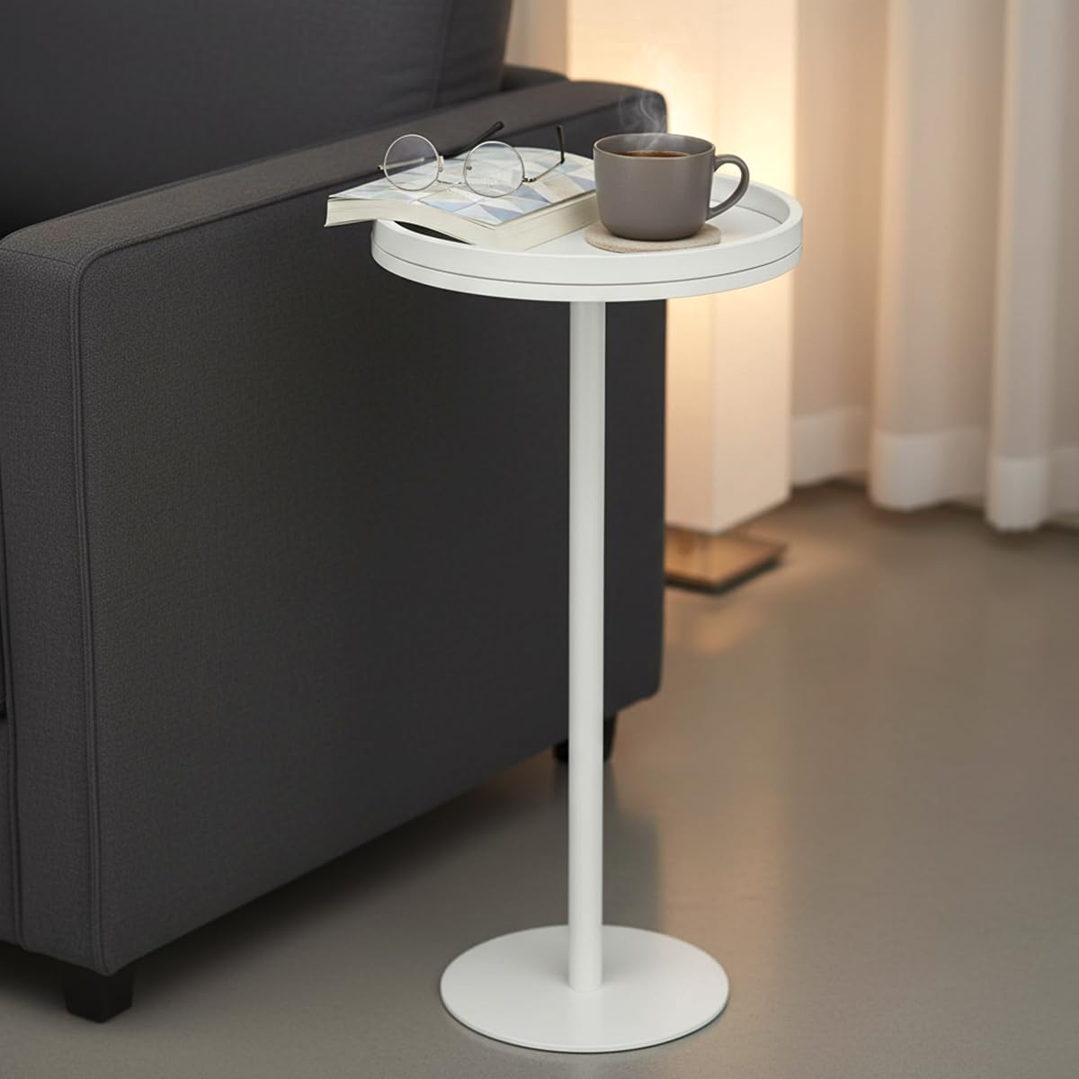 ZEXVIDA White Martini Table, Modern Small Round Side Table, Minimalist Metal & Wood Pedestal End Table with Weighted Base