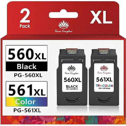 Toner Kingdom 560 561 XL Ink Cartridges Replacement for Canon 560 561 Ink Cartridges PG-560XL CL-561XL for Canon Pixma TS5350 TS7450 TS5351 TS7451 TS5352 TS5353 ink cartridges (1 Black, 1 Tri-Colour)