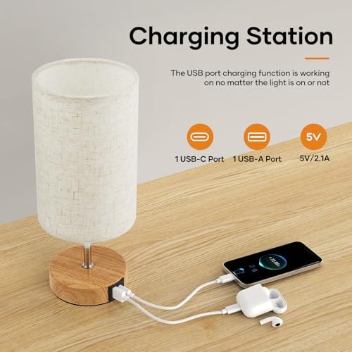 Suright Bedside Lamps Set of 2, Touch Lamps Bedside with USB A+C Charging Ports, 3-Way Dimmable Table Lamp with Linen Fabric Shade, Small Table Lamp for Bedroom Living Room (LED Bulb Included)
