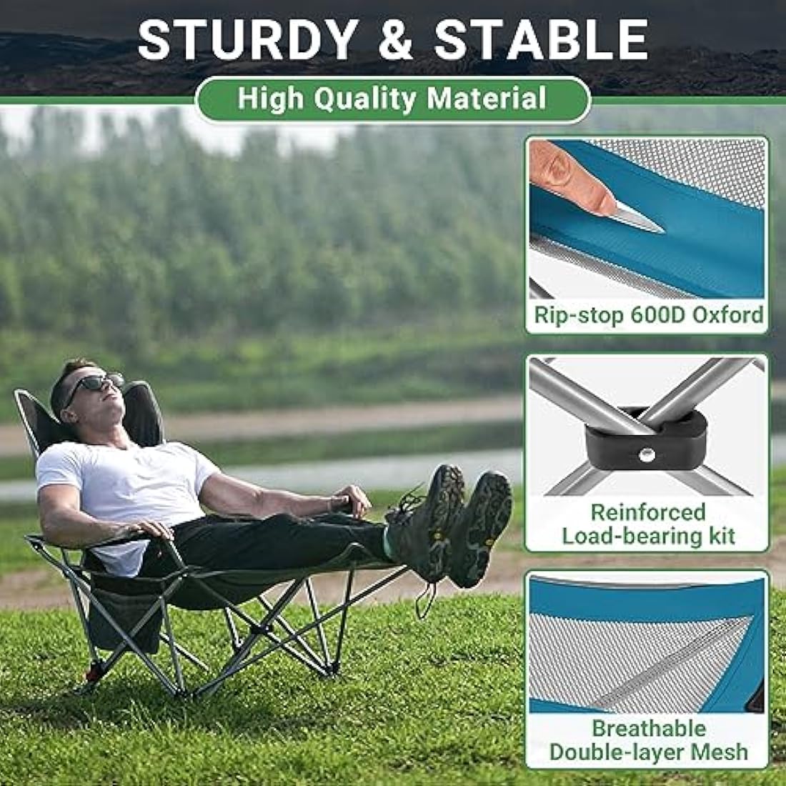 #WEJOY Camping Chairs Folding Recliner Chair Adjustable with Detachable Footrest Headrest Cup Holder Lightweight Portable Reclining Camp Chair Fold Up Chair for Outdoor Beach Garden, Cyan Set of 2
