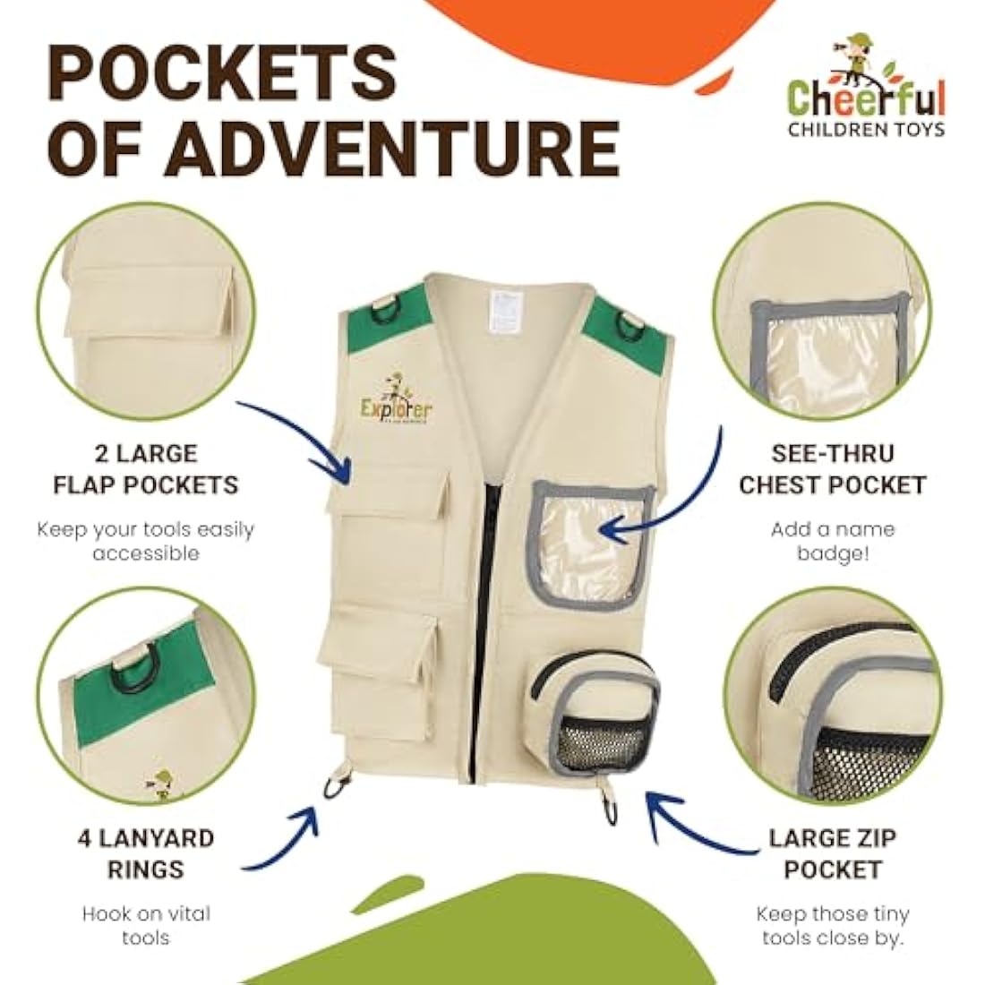 Cheerful Children Toys Kids Explorer Kit Bug Hunting Costume includes Hat Cargo Vest for 3-7 year old boys girls Outdoor Backyard Safari Nature Zoo Keeper STEM Educational