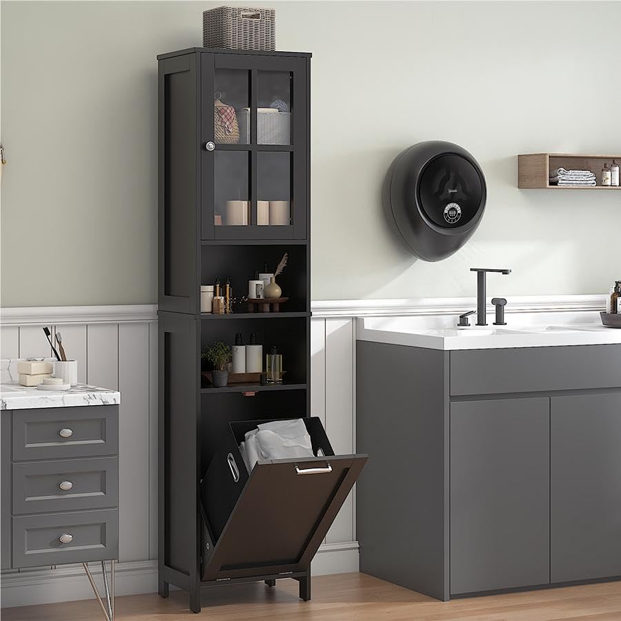 Feonase Tall Bathroom Cabinet with Removable Laundry Basket, Slim Freestanding Storage Organizer with Acrylic Door and 4 Shelves for Bathroom