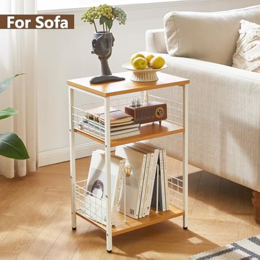YMYNY 3 Tier End Table, Record Player Stand with Storage, Industrial Tall Side Table, Small Bookshelf, Bookcase, Display Rack, Telephone Table for Living Bedroom 40×29×62.5CM Natural Color HST009N