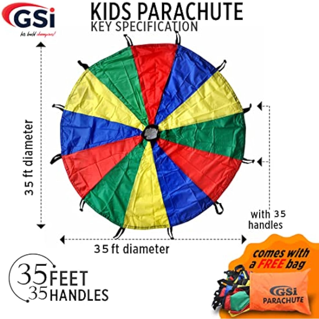 GSi Kids Play Parachute Rainbow Parachute Toy Tent Game for Children Gymnastic Cooperative Play and Outdoor Playground Activities (35 Feet)