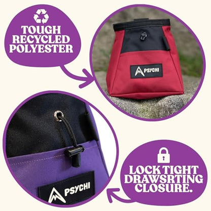 Psychi OG Climbing Chalk Bag Bucket Bundle - Starter Pack for Rock Climbing, Gym, Weightlifting - 7 Fun Colour Options - Includes Chalk Bucket, Loose Climbing Chalk & Bouldering Brush