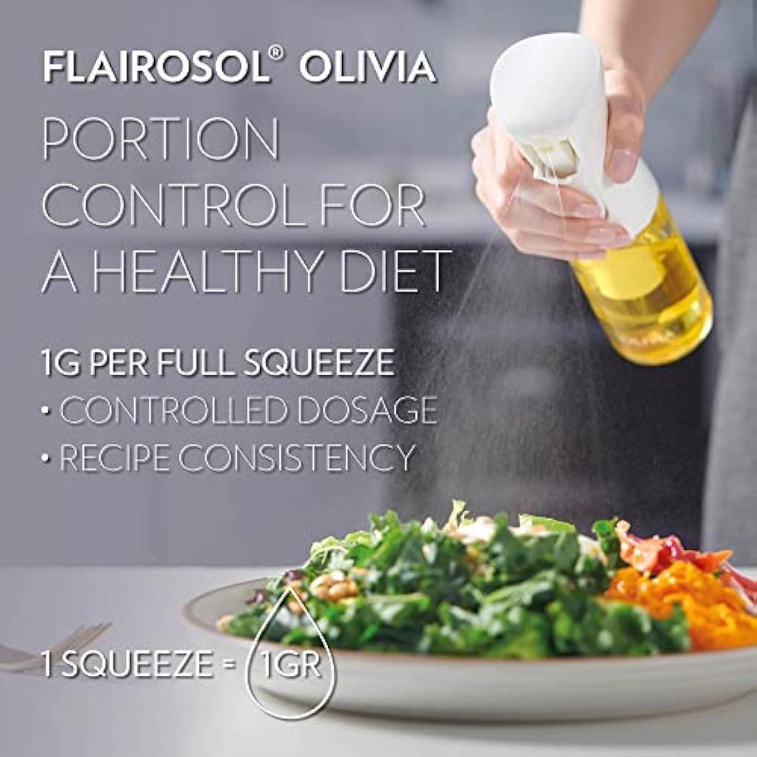 FLAIROSOL OLIVIA. The Original Advanced Oil Sprayer for Cooking, Kitchen, Salads, BBQs, Continuous Spray with Portion Control, 130ml Glass Olive Oil Sprayer(White Print)