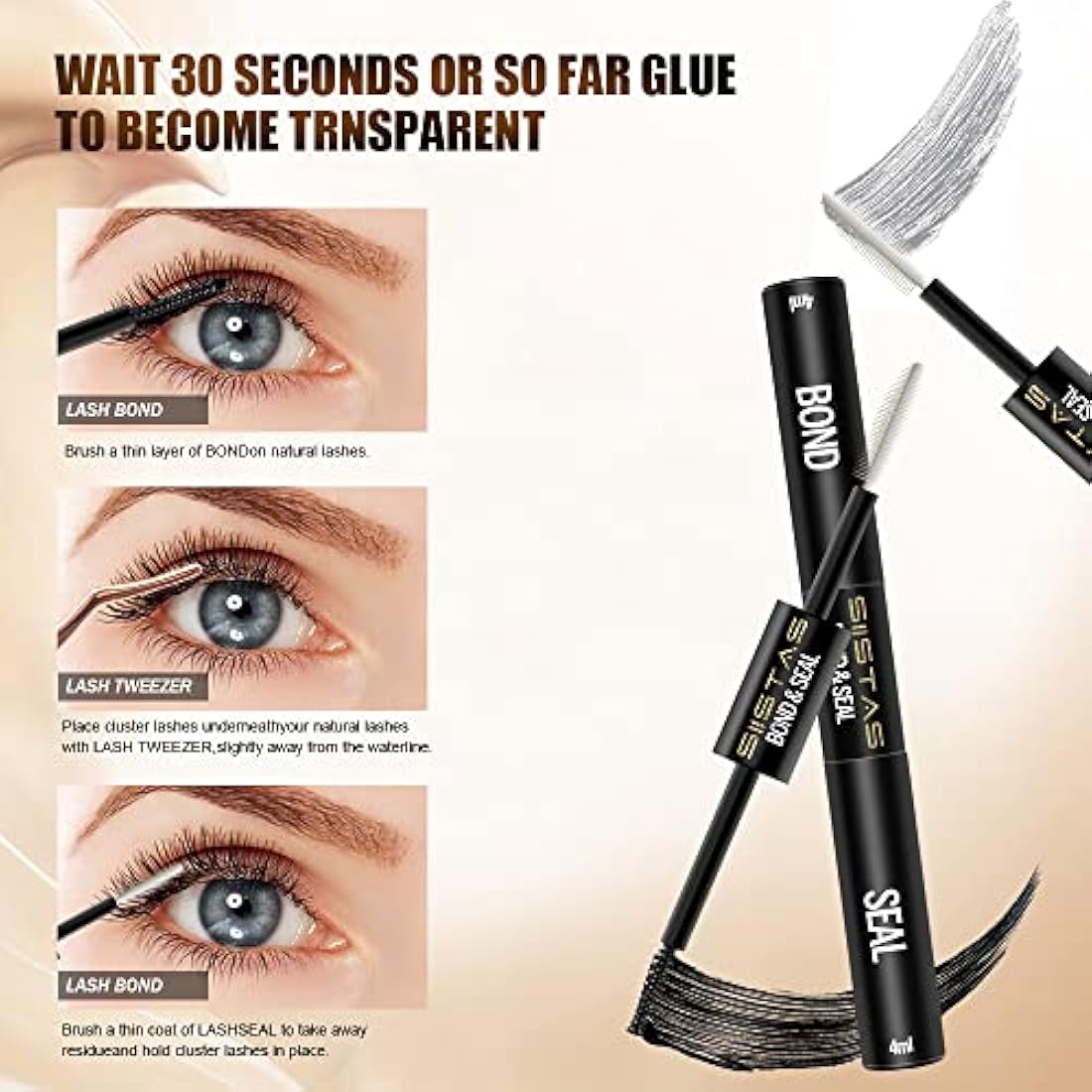 Lash Bond and Seal, Cluster Eyelash Glue for DIY Individual Eyelash Extensions,Super Strong Hold Cluster Lash Adhesive， Waterproof, Mascara Wand Individual Lashes Glue for Sensitive Eyes