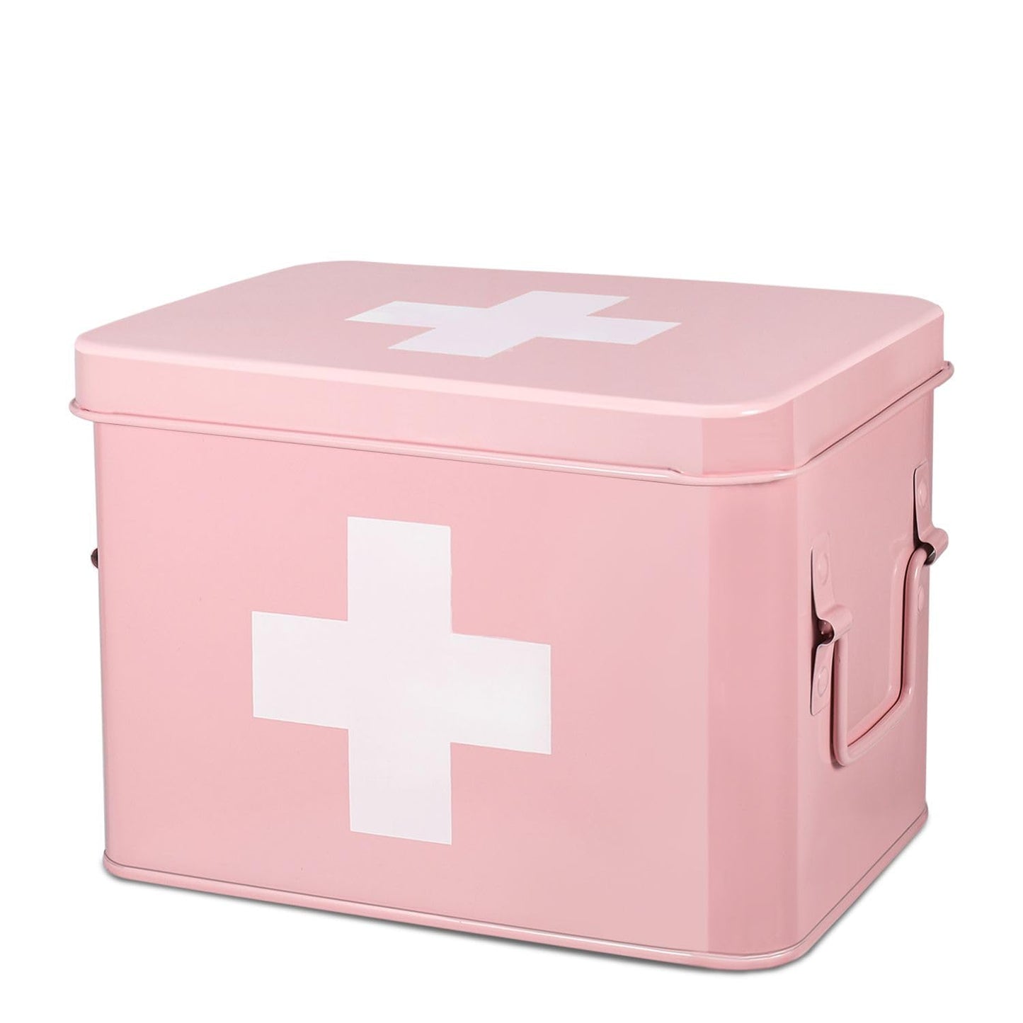 Flexzion First Aid Medicine Box Supplies Kit Organizer - 8.5" Pink Metal Tin Medic Storage Bin Hard Case with Removable Tray White Cross, Vintage