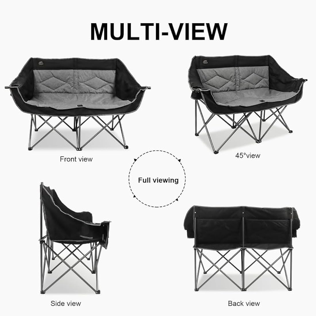 LANMOUNTAIN Folding Loveseat Camping Chair, Portable Double Chair w/Cup Holder,Wine Glass Holder,Carry Bag Heavy Duty Lawn Chair for 2 Adults,Perfect for Camp,Hiking,Picnics and Beach Trips,Black