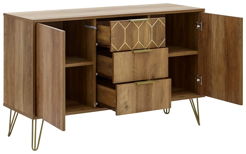 GFW Orleans Mango Effect Sideboard, 2 Door 3 Drawer Storage Cabinet with Hairpin Legs, Modern Living Room and Dining Room Furniture