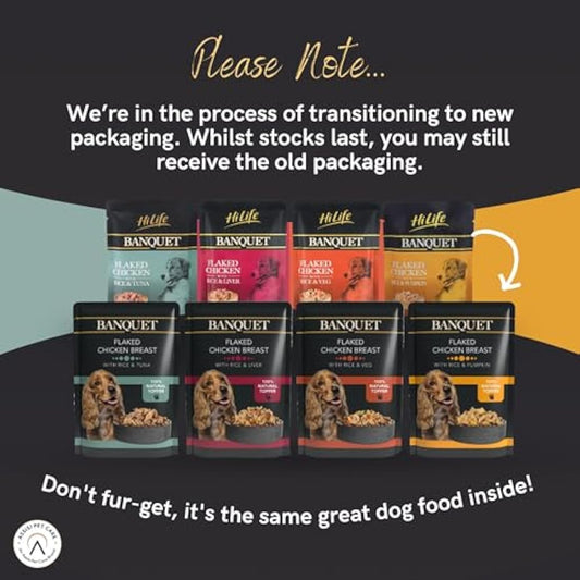 HiLife Banquet - Wet Dog Food - Flaked Chicken Breast, Rice, Liver - 100% Natural Ingredients, 15 Pouches x 100g