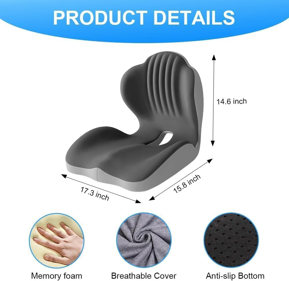 Gresonic Ergonomic Memory Foam Seat Cushion, For Office, Car, Gaming & Dining Chairs, Sciatica, Tailbone & Coccyx Pain Relief