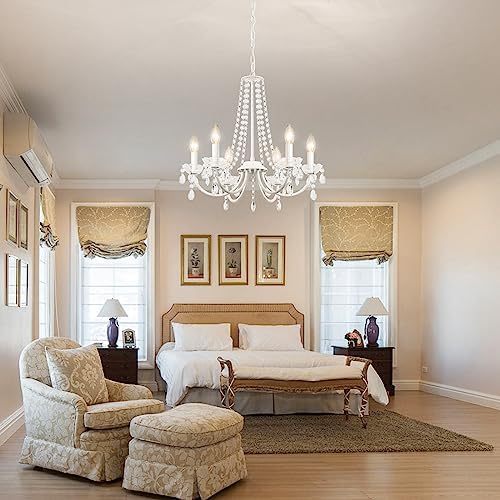 ASHUAQI Crystal Chandelier, 6 Lights Chandeliers Ceiling Light, Modern Chandelier White, E14 Base Pendant Light, Crystal Ceiling Lights for Living Room, Dining Room, Bedroom, Hallway, Kitchen