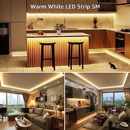 Lepro Warm White LED Strip Light 5M 300 LEDs, 1650lm Dimmable LED Tape Lights, 3000K Flexible LED Lights for Bedroom Kitchen Under Cabinet Wardrobe Stair 12V Power Plug and Dimmer Switch Included