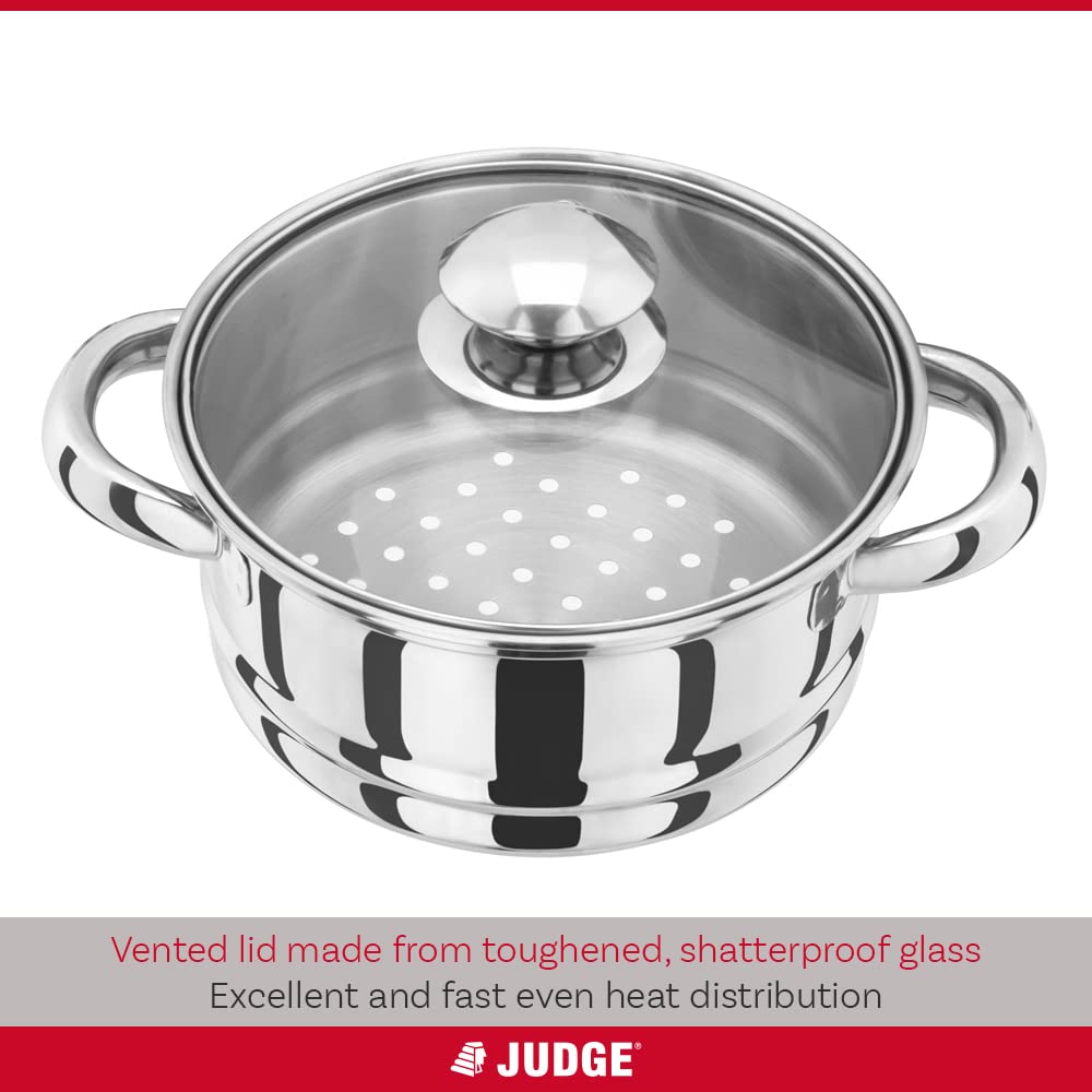 Judge Essentials Stainless Steel 3 Tier Steamer 22cm, Vented Glass Lid, Integral Casserole Pot, Oven Safe, Induction Ready, 10 Year Guarantee