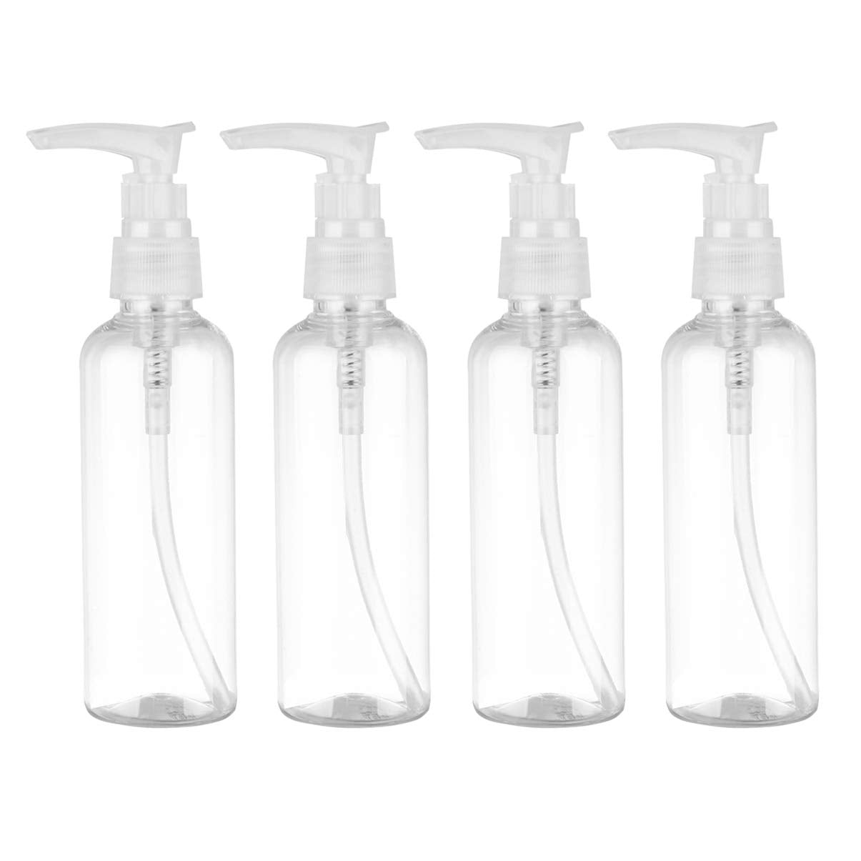 PRETYZOOM 4 pack Travel Pump Bottles 100ml Refillable Plastic Shampoo Dispenser Bottles with Pump for Lotion Liquid Soap Face Wash Essential Oil