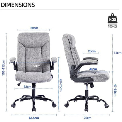 MZLEE Executive Office Chair, Ergonomic Computer Desk Chair Swivel Work Chair with Flip-up Armrest, Adjustable Height, Comfortable for Office Home Gaming(Grey Fabric)