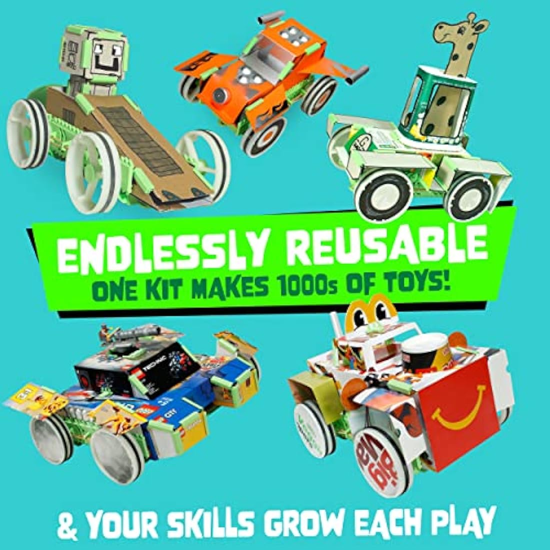 JUNKO Zoomer Toy Car Kit - Transform boxes, bottles, juice cartons... into Toy Cars. Made from Recycled Plastic. Endlessly Reusable Art, Craft & Build Kit. Lego® compatible.