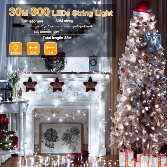 Ollny 30m 300 LED Fairy Lights Mains Powered, Outdoor Waterproof String Light with Remote/Plug/Modes/Timer, Bright Cool White Lighting Outside Indoor Garden Tree Party Wedding Decorations