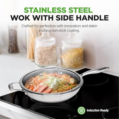 Nutrichef Nonstick Wok with Glass Lid – 30cm Hex Stainless Steel Stir Fry Cookware, Induction Compatible, Honeycomb Pattern, Scratch-Resistant, Deep Sauté Style, 12" Wok