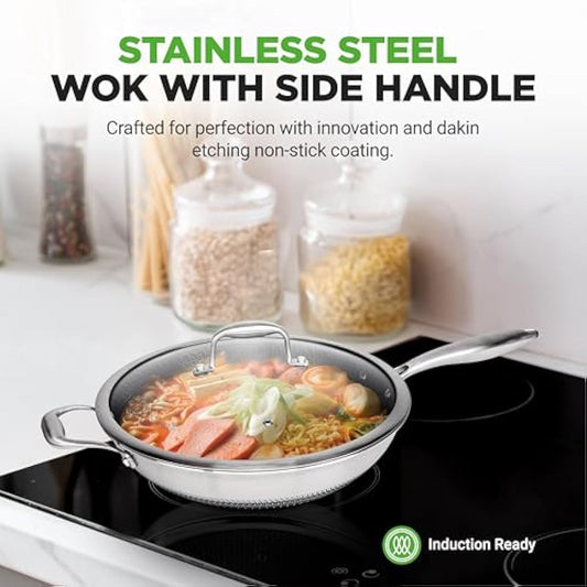 Nutrichef Nonstick Wok with Glass Lid – 30cm Hex Stainless Steel Stir Fry Cookware, Induction Compatible, Honeycomb Pattern, Scratch-Resistant, Deep Sauté Style, 12" Wok