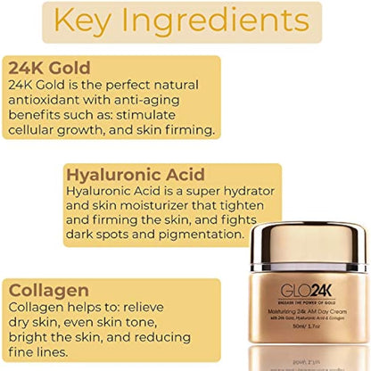 GLO24K Moisturizing Day Cream with 24k Gold, Anti-Aging with Vitamins, Hyaluronic Acid, Collagen