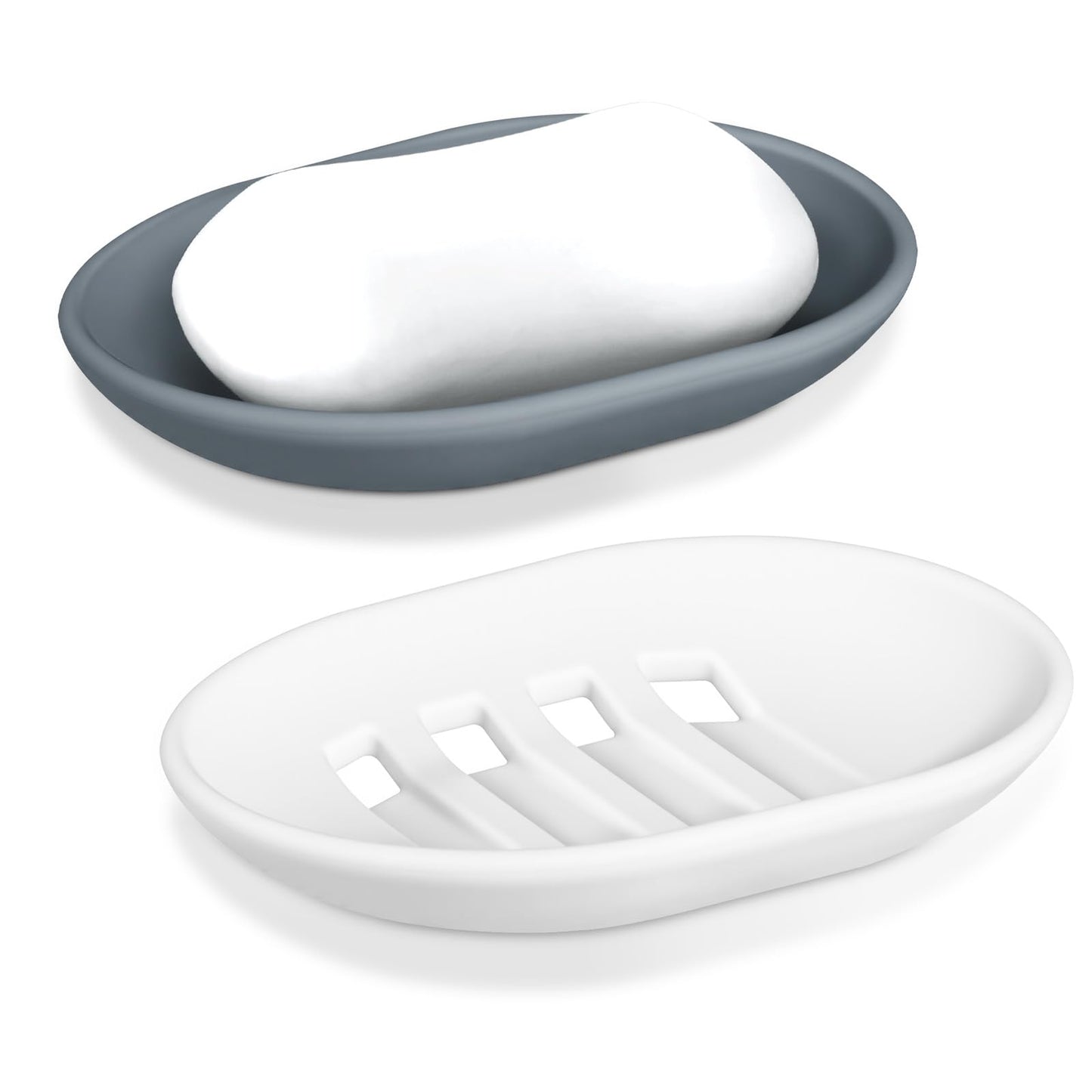 Silicone Soap Dishes, 2pcs Soap Dish with Drainage, Non‑Slip and Portable Soap Tray, Bar Soap Holder for Shower, Bathroom, Kitchen - Grey & White