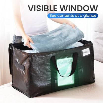 TAILI Moving Bags Extra Large Heavy Duty 4 Pack Storage Bags with Zips, Clear Window & Reinforced Handles, Black Storage Bags with Lid for