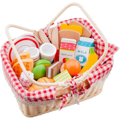 New Classic Toys - Wooden Picnic Basket with Pretend Food and Accessories - Montessori Toys, Wooden Food - Traditional Picnic Basket with Picnic Accessories - 1 Set, Black