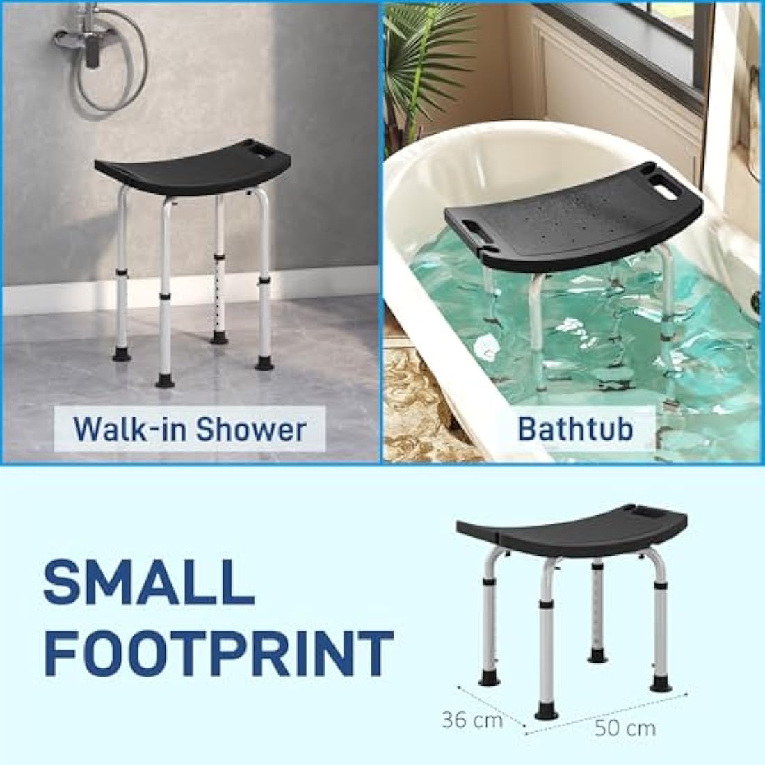 HOMCOM Height Adjustable Shower Stool, Aluminium Shower Chair, Non-Slip Bath Stool for Elderly, Disabled, Seniors, Pregnant, Black