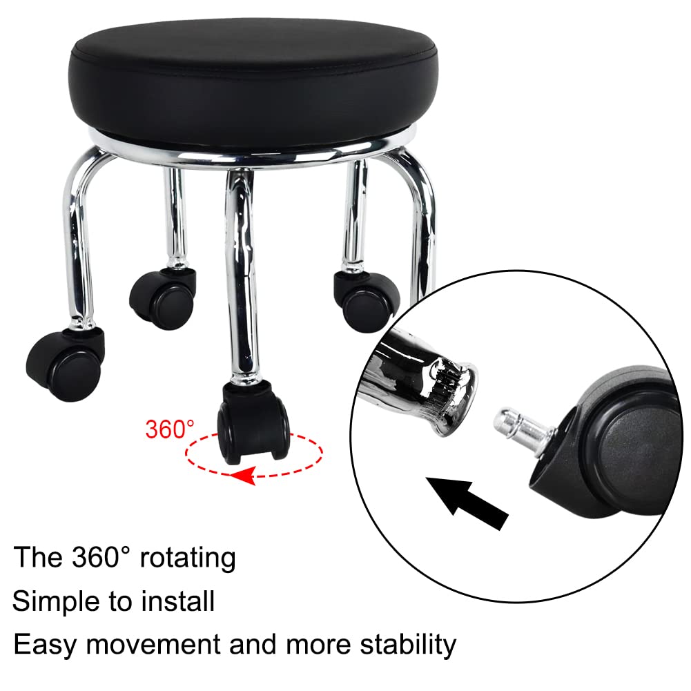 WKWKER Small Rolling Stool PU Leather Roller Seat 360° Swivel Low Round Chair with Universal Caster Wheels for Home Massage Garden Office Garage Shop