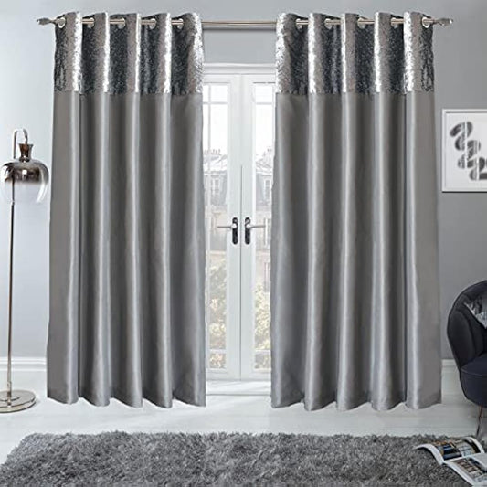 Sienna PAIR of Crushed Velvet Band Curtains Fully Lined Eyelet Ring Top Faux Silk Window Treatment Panels - Silver Grey, Width 66" x Drop 90"