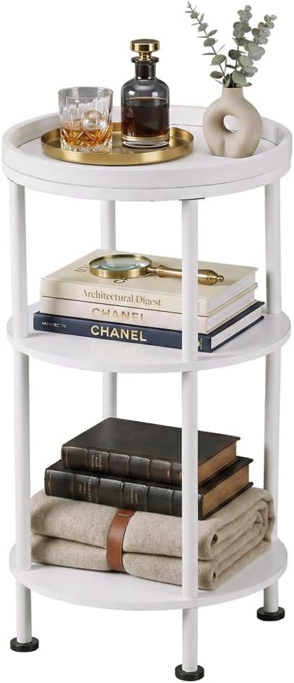 YEAKOO Small White Side Table, Round End Table with Wood Grain Texture, 3-Tier Farmhouse Nightstand for Bedroom & Living Room