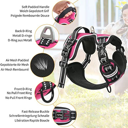 HEELE No Pull Dog Harness, Release on Neck, Reflective Adjustable with Front Back 2 Leash Attachments and Soft Padded Control Handle for Small Medium Large Dogs, Fuchsia, M
