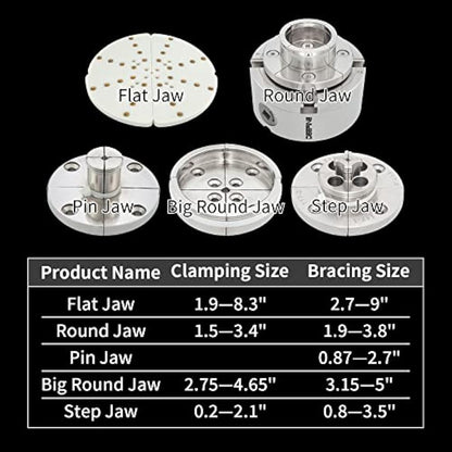 DEEFIINE 4 Inch Wood Lathe Chuck Set 1" X 8 tpi Thread, Nickel Plated Self Centering 4 Jaw Wood Turning Chuck Set(5PCS Jaws)